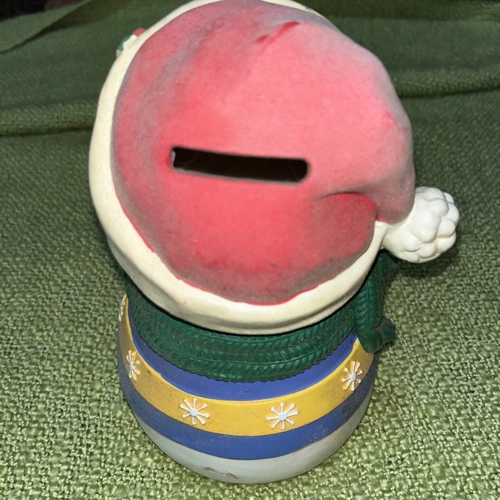 Vintage Snowman Ceramic Coin Bank‎ Christmas Santa Hat Flocked Candy Cane 5.5